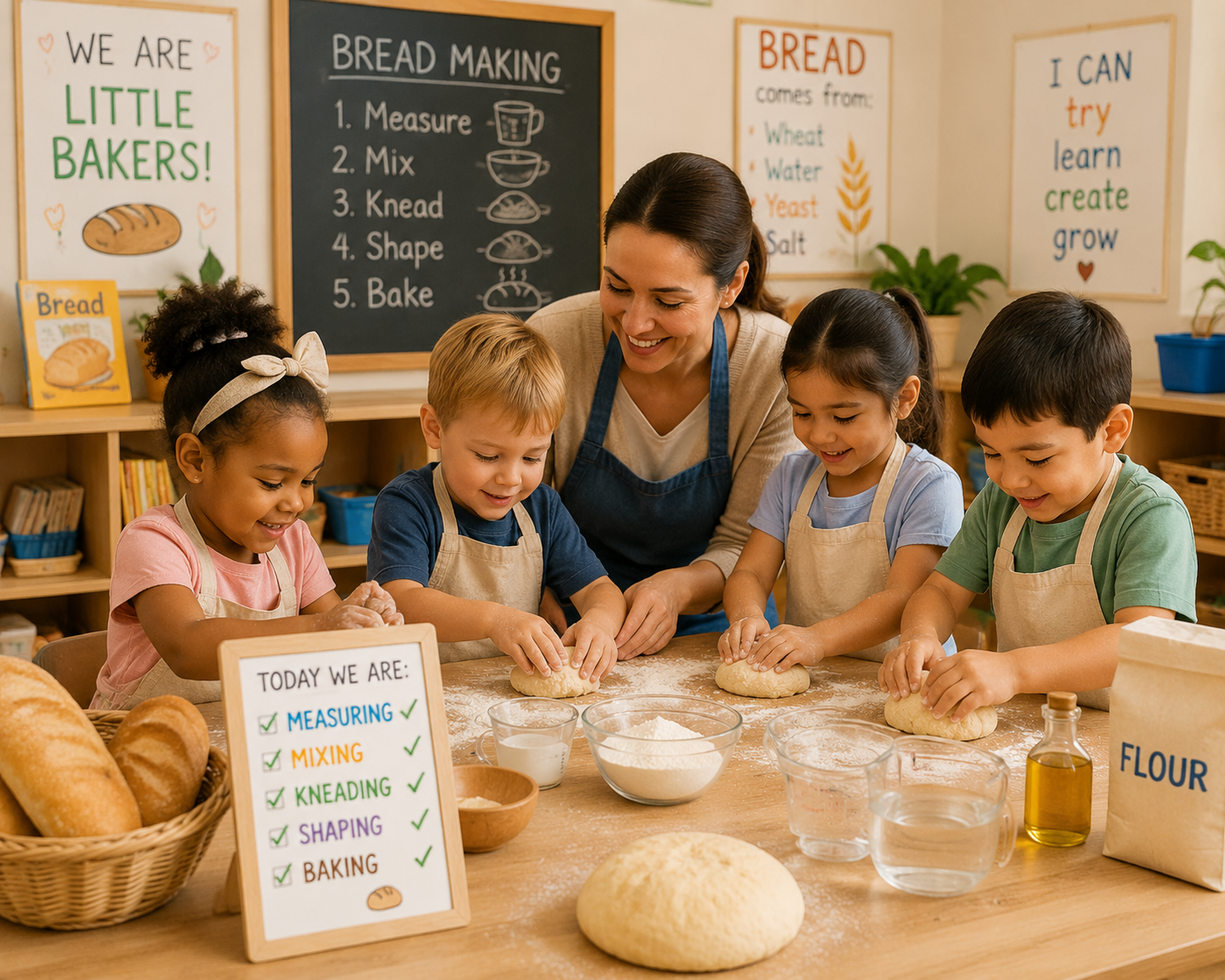 Children exploring bread making activities in the classroom