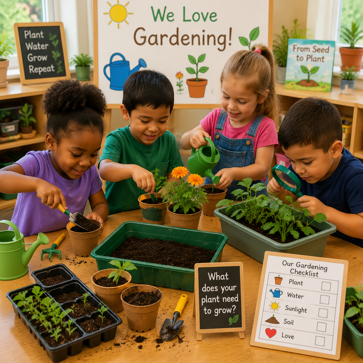 Children exploring gardening activities