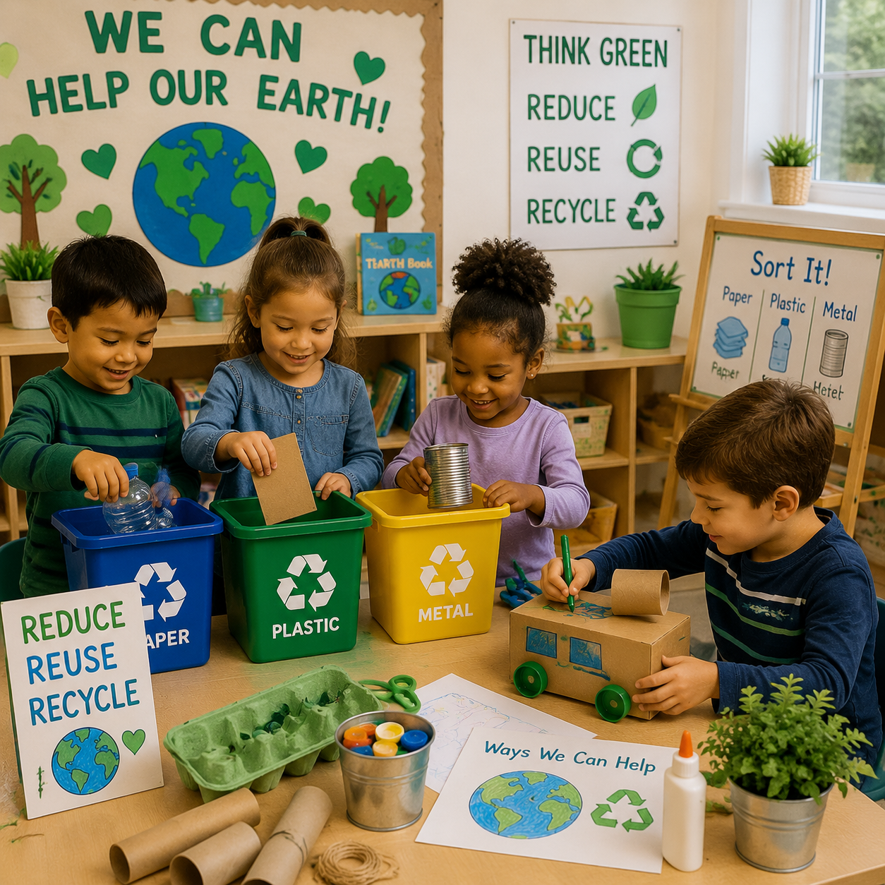 Children exploring recycling and environmental activities in the classroom