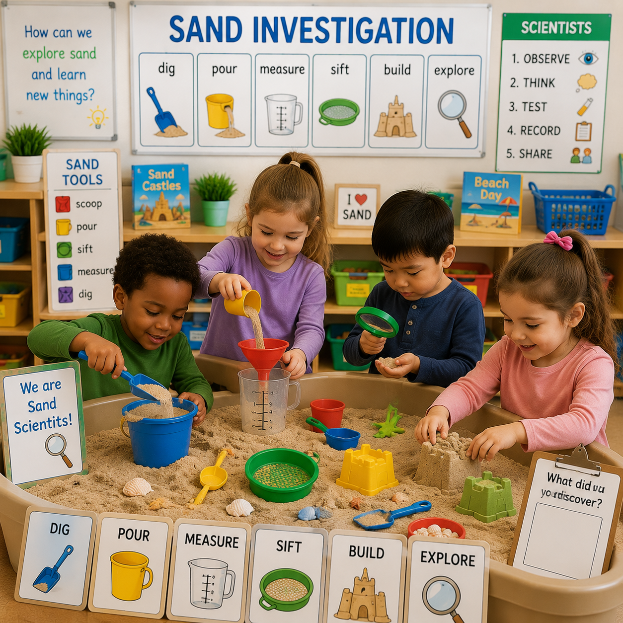 Children exploring sand investigation activities in the classroom