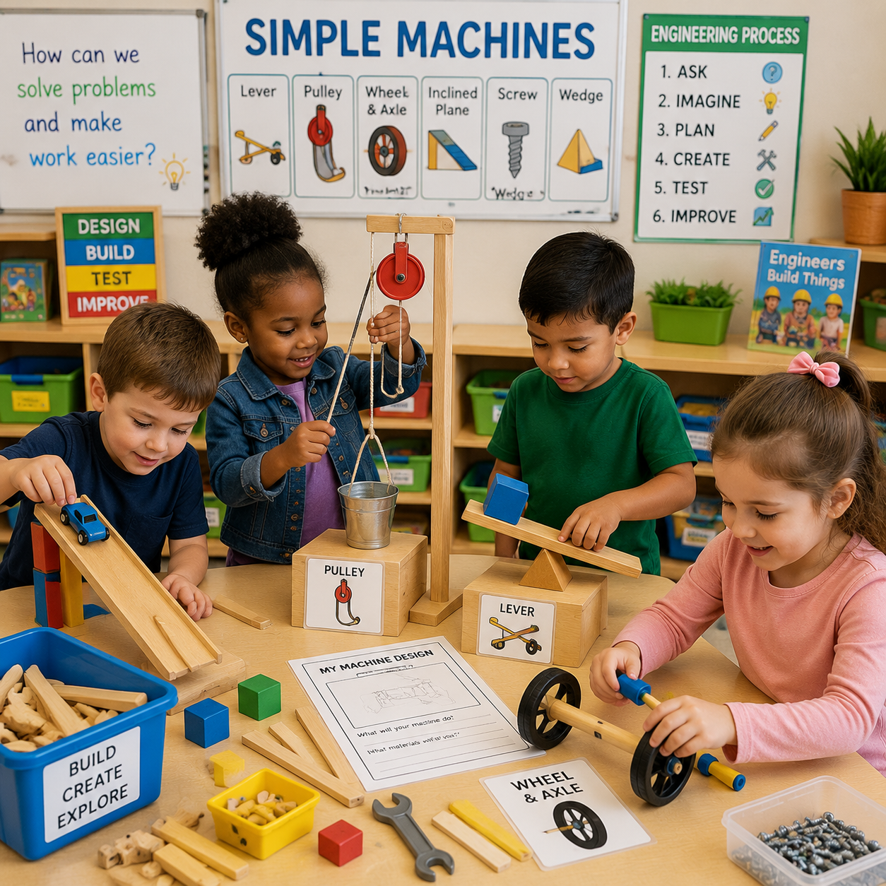 Children exploring simple machines activities