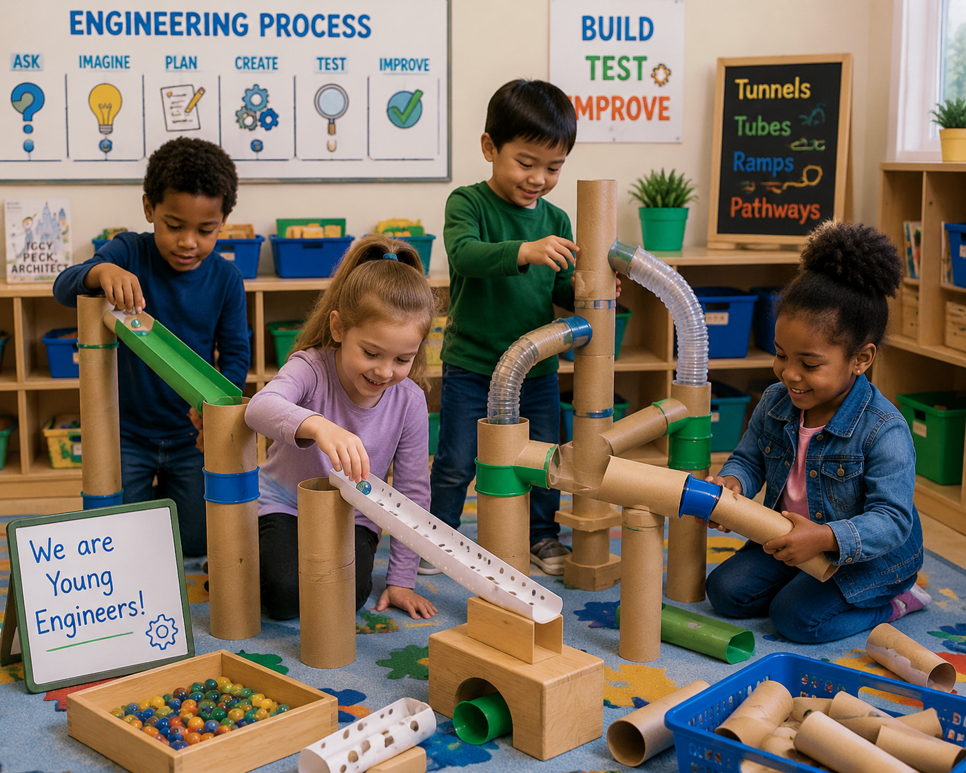 Children exploring tubes tunnels and engineering activities in the classroom
