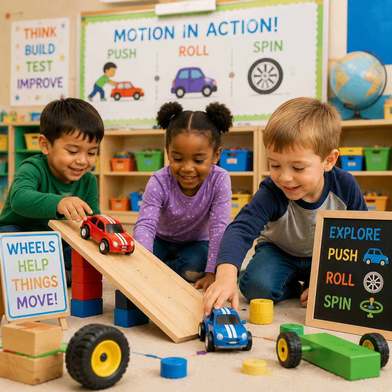 Children exploring wheels and motion activities