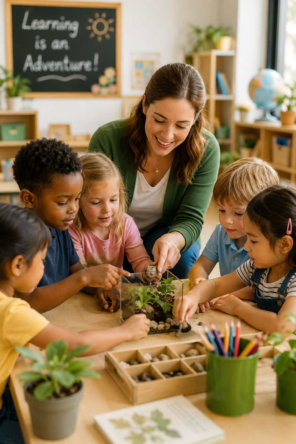 Teacher leading young children through hands on classroom learning