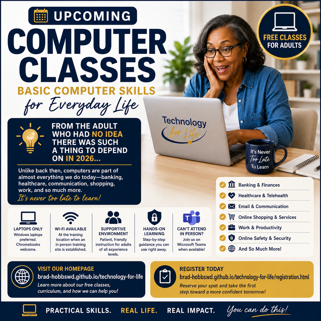 Upcoming Computer Classes for adults interested in learning basic computer skills for everyday life