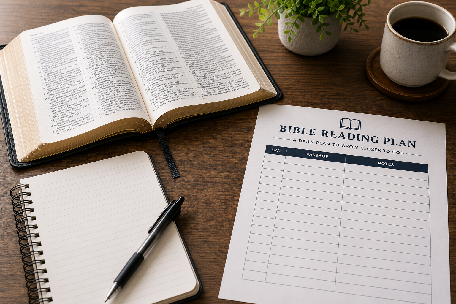 Open Bible with notebook and reading plan